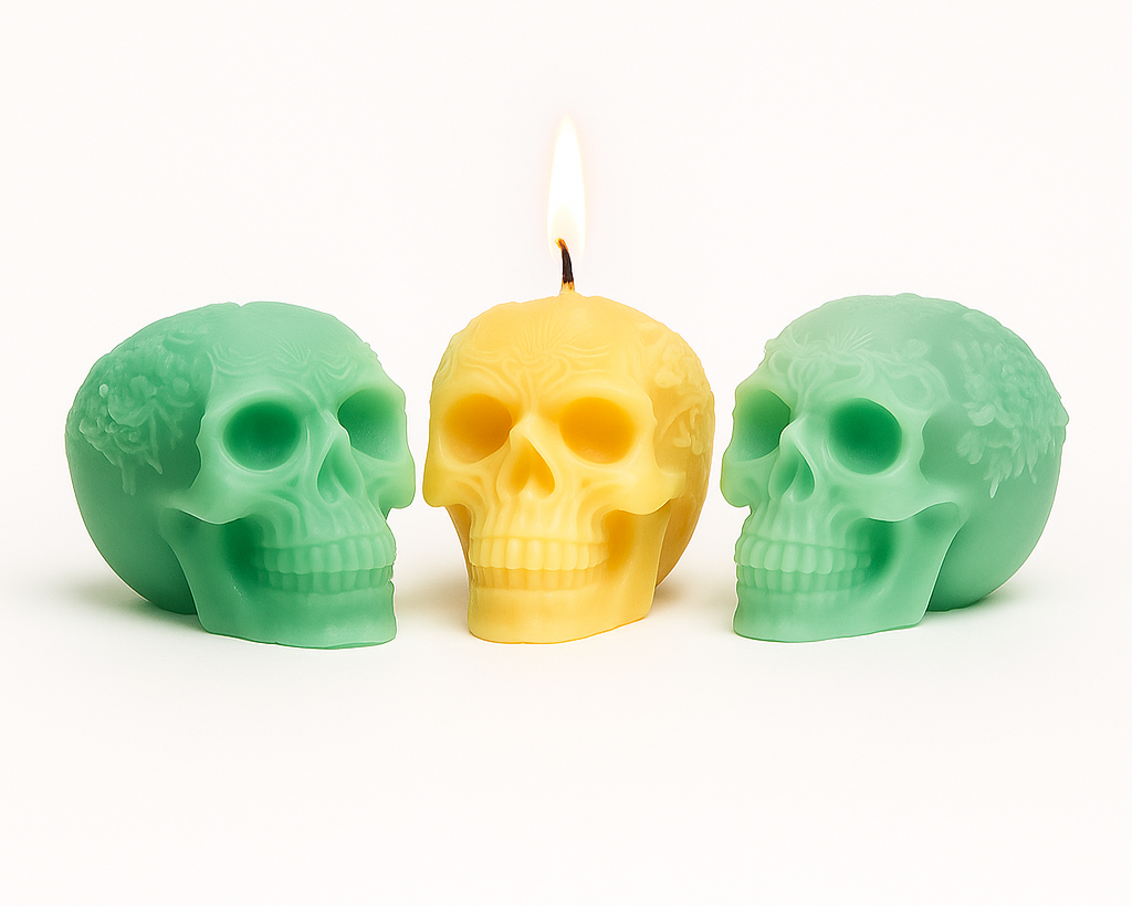 Lumânare parfumată tip craniu – Scentrelle – arome naturale (Lămâie, Cafea, Vanilie, Portocală, Cocos & Vanilie)